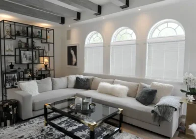 cellular shades arched windows modern living room